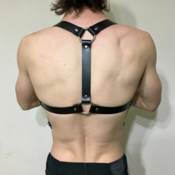 Men's Cross Back Buff Body Vegan Leather Chest Harness Black Hot New Accessory - Picture 3 of 5